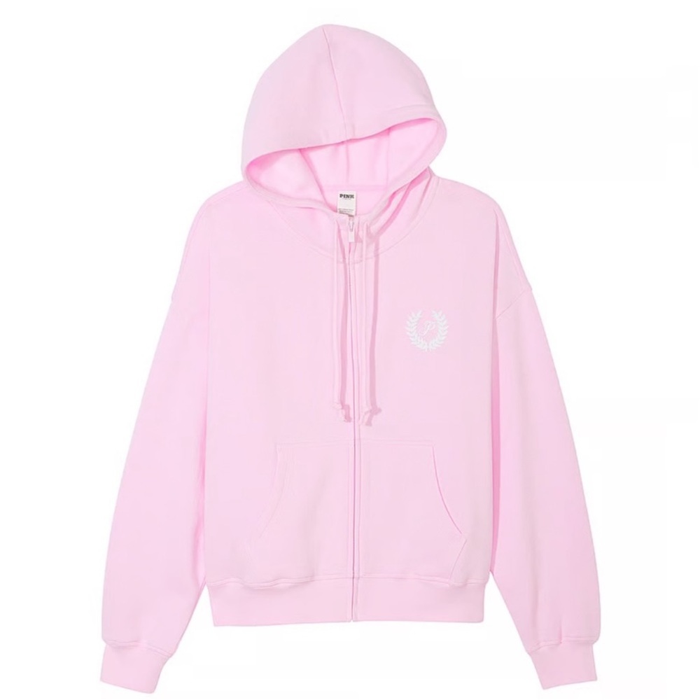 Victoria's Secret Pink ivy fleece full zip hoodie pink white logo sweatshirt - Picture 2 of 5